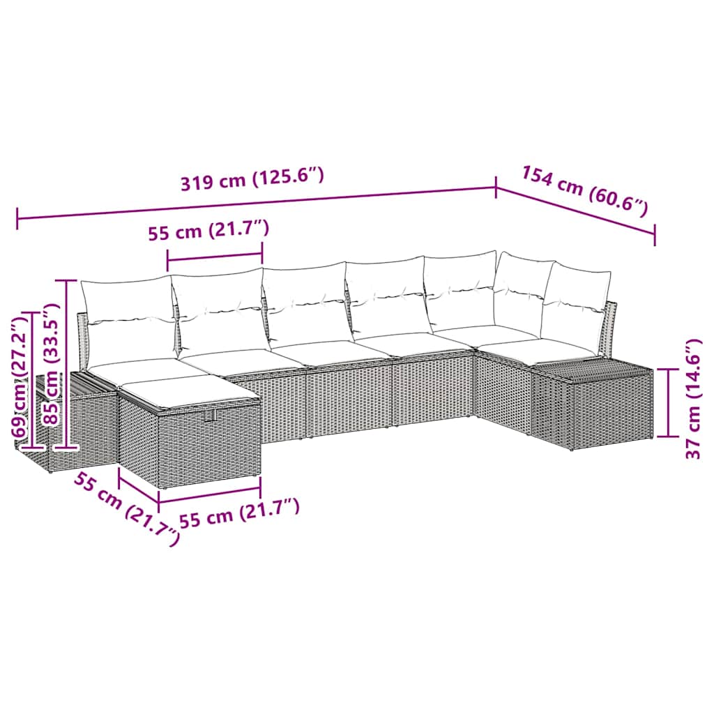 Garten-Sofa-Set mit Kissen 7 pcs Braun Poly Rattan